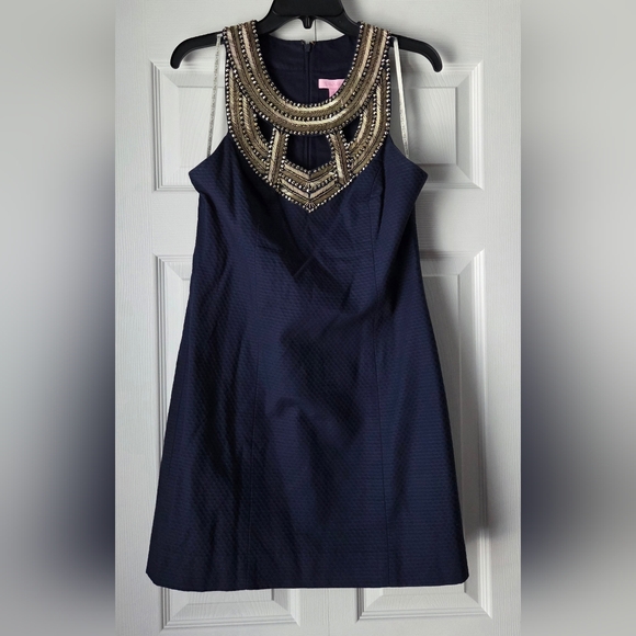 Lilly Pulitzer Carlton Shift Navy Dress with Embellished Neckline Size 6 - Picture 2 of 13